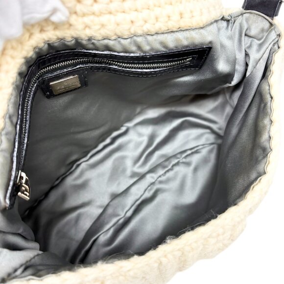 FENDI Vintage FF Logo Knit Mamma Baguette Shoulder Bag Wool Leather [106220] - Picture 12 of 15